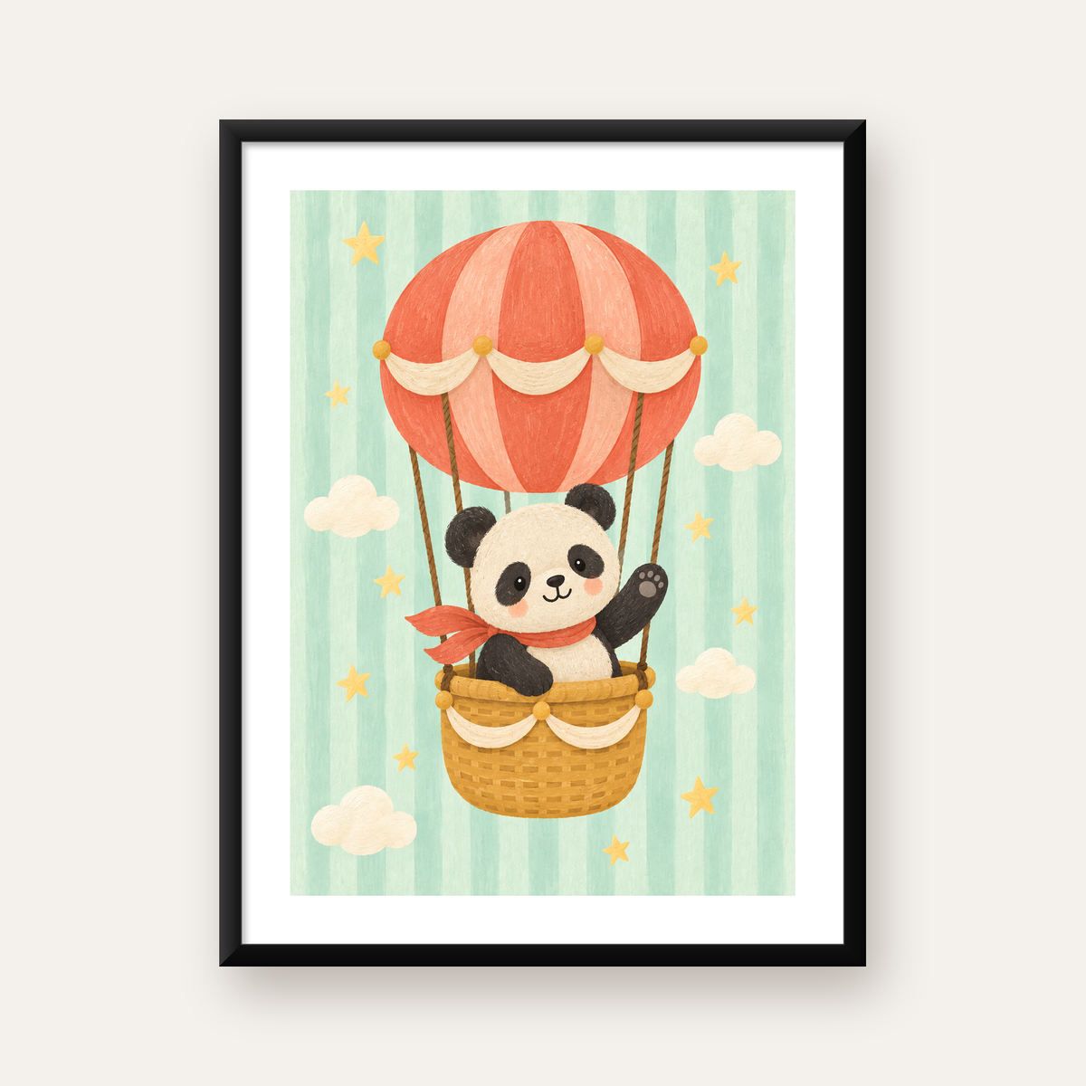 Balonda Sevimli Panda Poster – Pastel Çocuk Odası Duvar Dekoru — Dikey baskı, beyaz kenar boşluklu