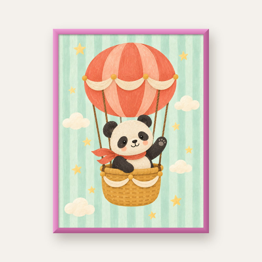 Balonda Sevimli Panda Poster – Pastel Çocuk Odası Duvar Dekoru — pembe çerçeveli