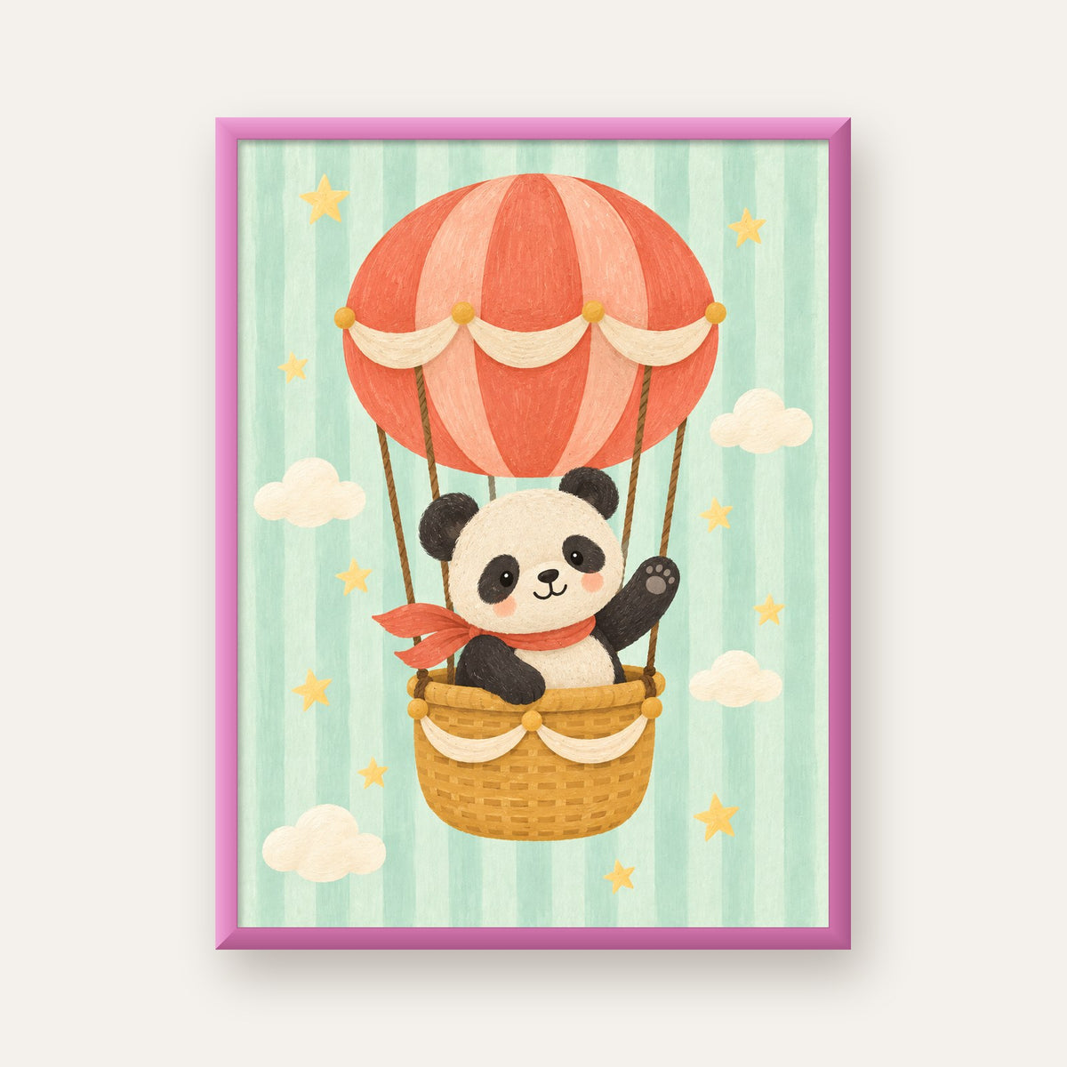 Balonda Sevimli Panda Poster – Pastel Çocuk Odası Duvar Dekoru — pembe çerçeveli