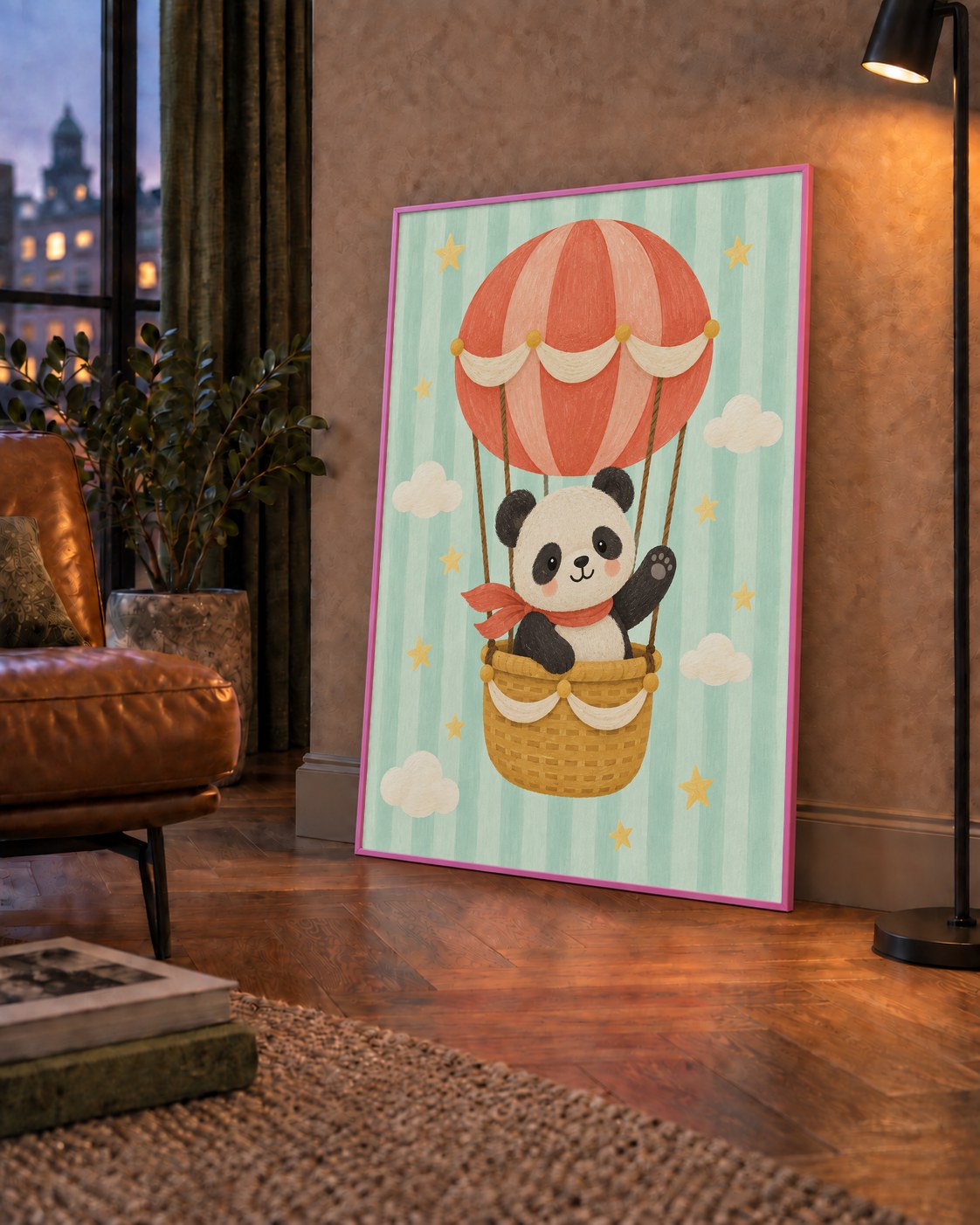 Balonda Sevimli Panda Poster – Pastel Çocuk Odası Duvar Dekoru — çerçeveli hâliyle bir ev duvarında