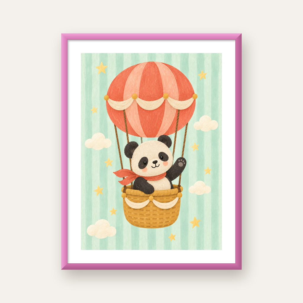 Balonda Sevimli Panda Poster – Pastel Çocuk Odası Duvar Dekoru — pembe çerçeveli paspartulu