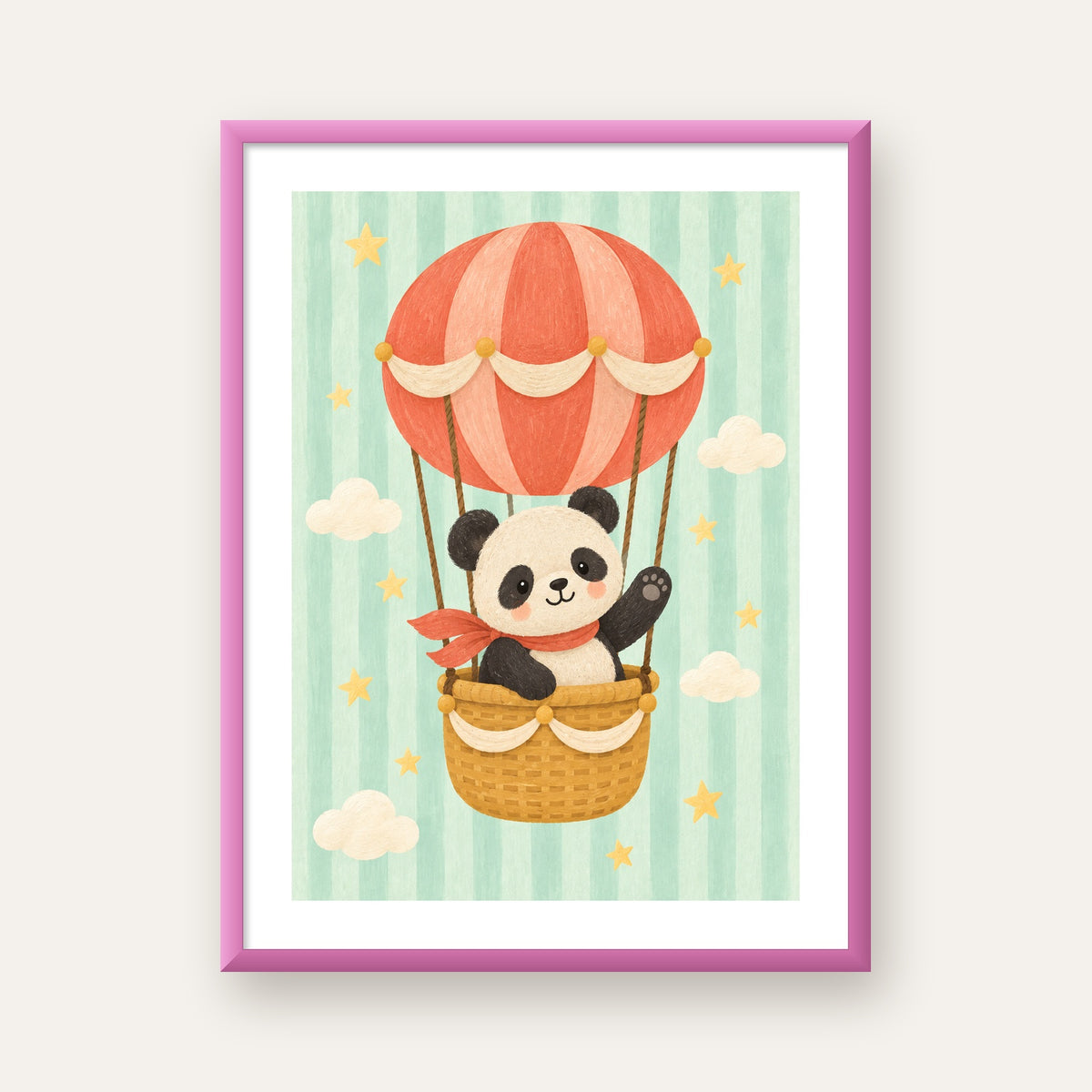 Balonda Sevimli Panda Poster – Pastel Çocuk Odası Duvar Dekoru — pembe çerçeveli paspartulu