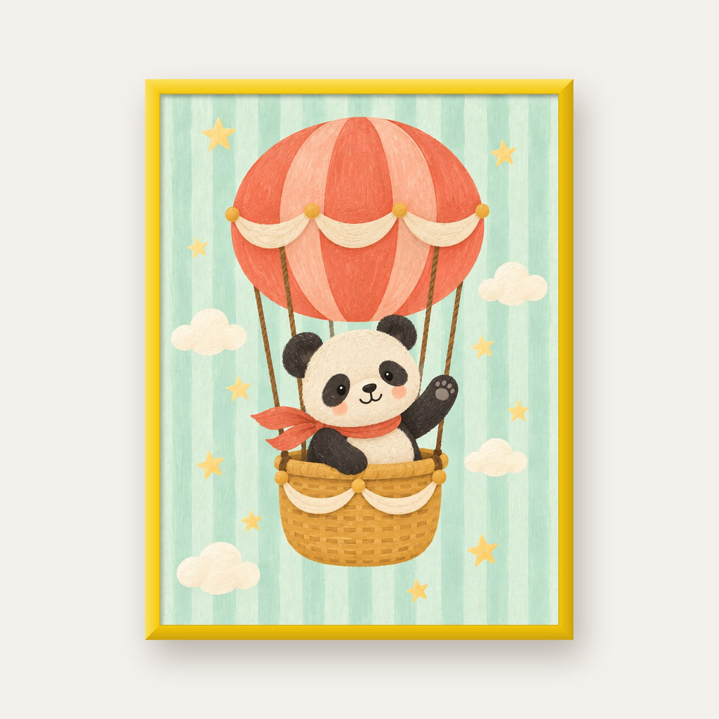 Balonda Sevimli Panda Poster – Pastel Çocuk Odası Duvar Dekoru — sarı çerçeveli