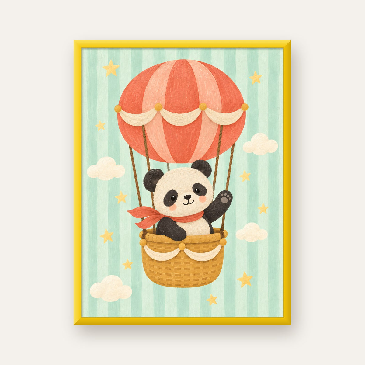 Balonda Sevimli Panda Poster – Pastel Çocuk Odası Duvar Dekoru — sarı çerçeveli