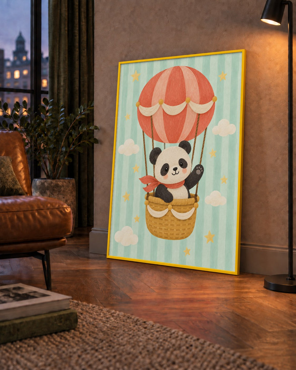 Balonda Sevimli Panda Poster – Pastel Çocuk Odası Duvar Dekoru — çerçeveli hâliyle bir ev duvarında