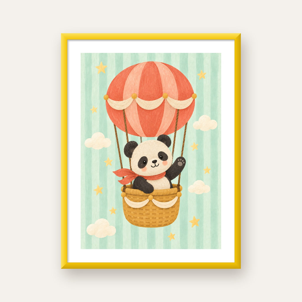 Balonda Sevimli Panda Poster – Pastel Çocuk Odası Duvar Dekoru — sarı çerçeveli paspartulu