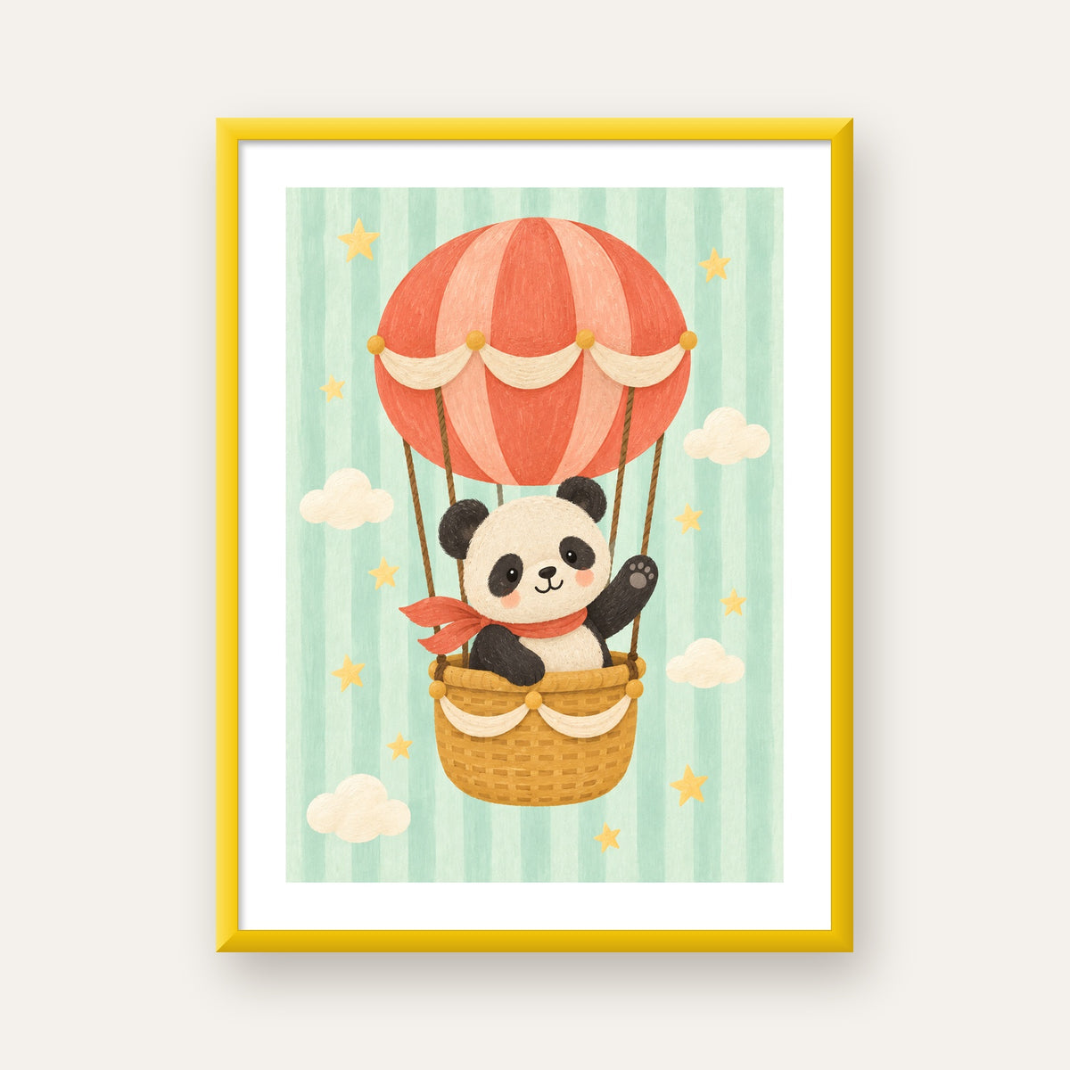 Balonda Sevimli Panda Poster – Pastel Çocuk Odası Duvar Dekoru — sarı çerçeveli paspartulu