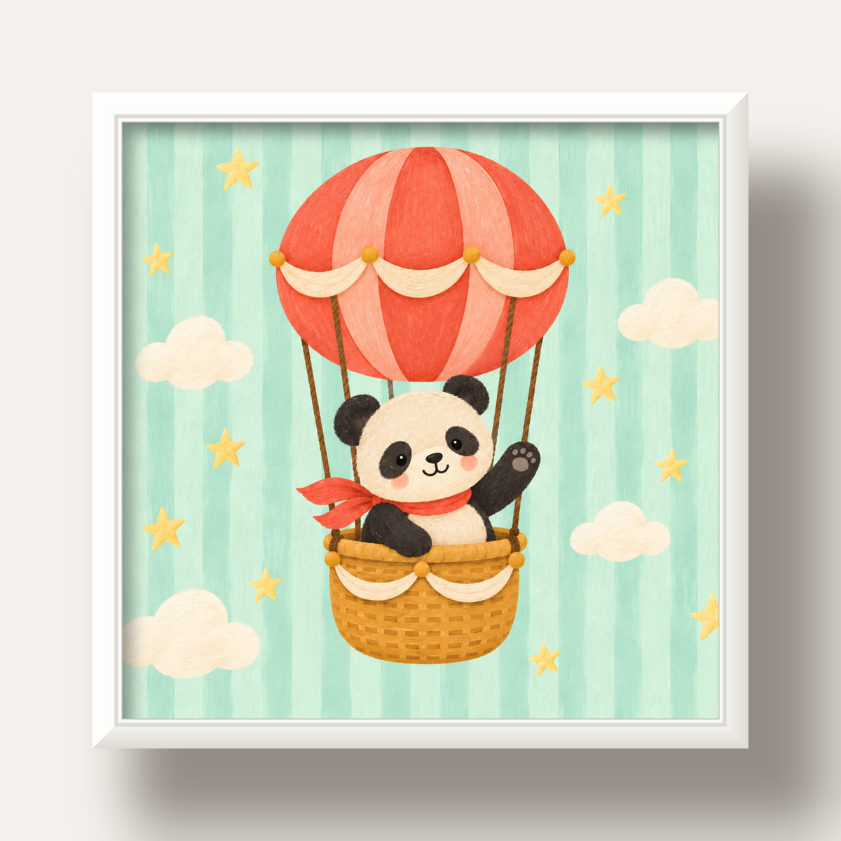 Balonda Sevimli Panda Poster – Pastel Çocuk Odası Duvar Dekoru — beyaz derin çerçeveli