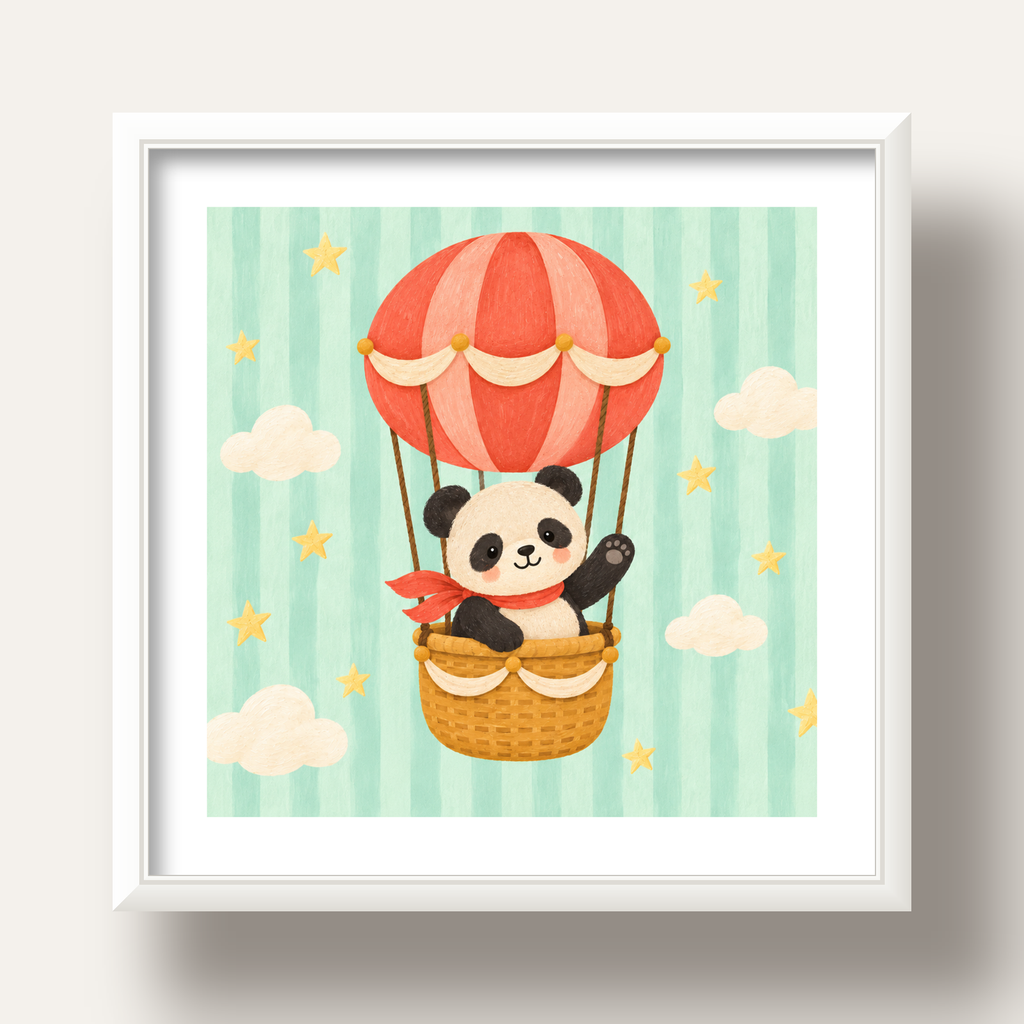 Balonda Sevimli Panda Poster – Pastel Çocuk Odası Duvar Dekoru — beyaz derin çerçeveli paspartulu