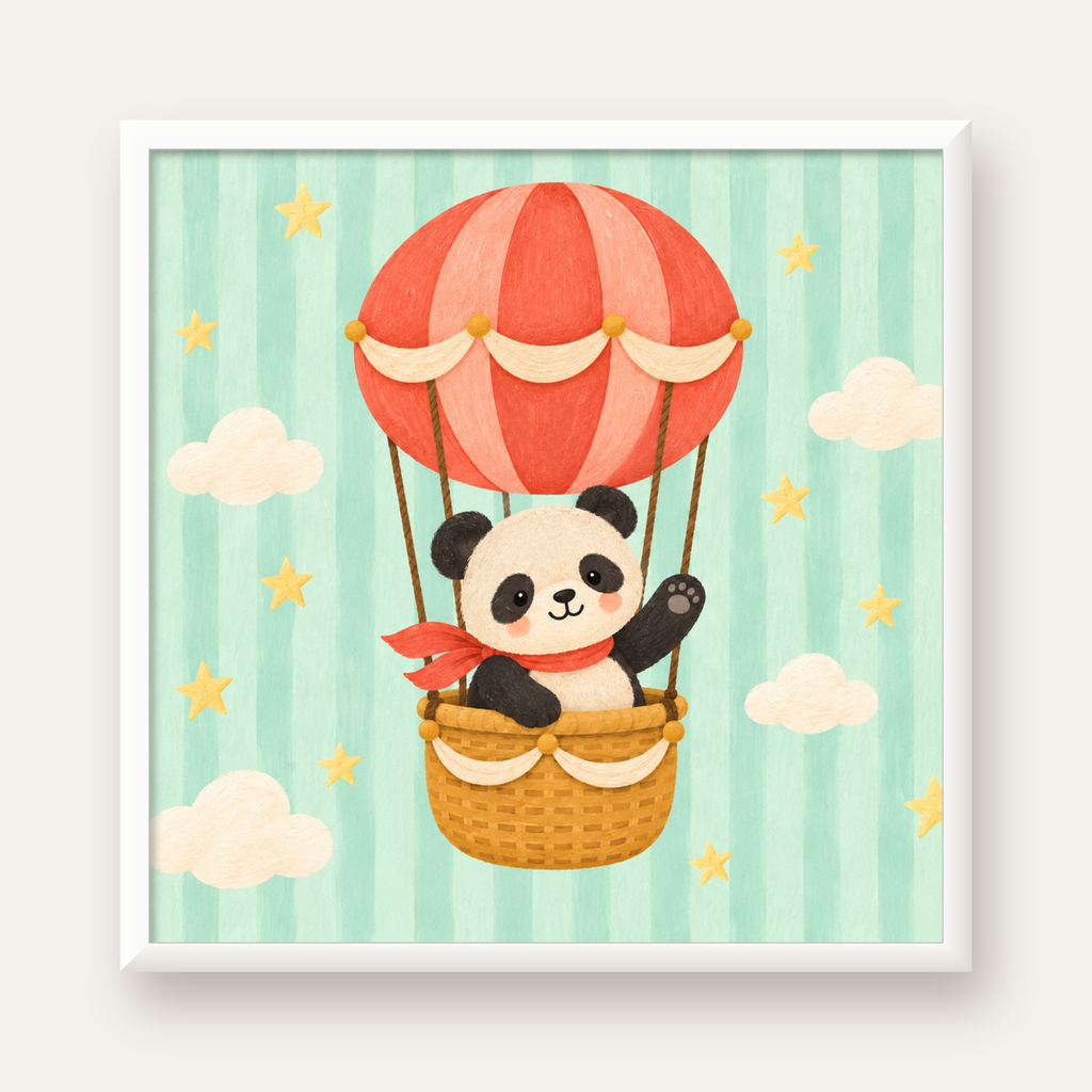 Balonda Sevimli Panda Poster – Pastel Çocuk Odası Duvar Dekoru — beyaz çerçeveli kare poster