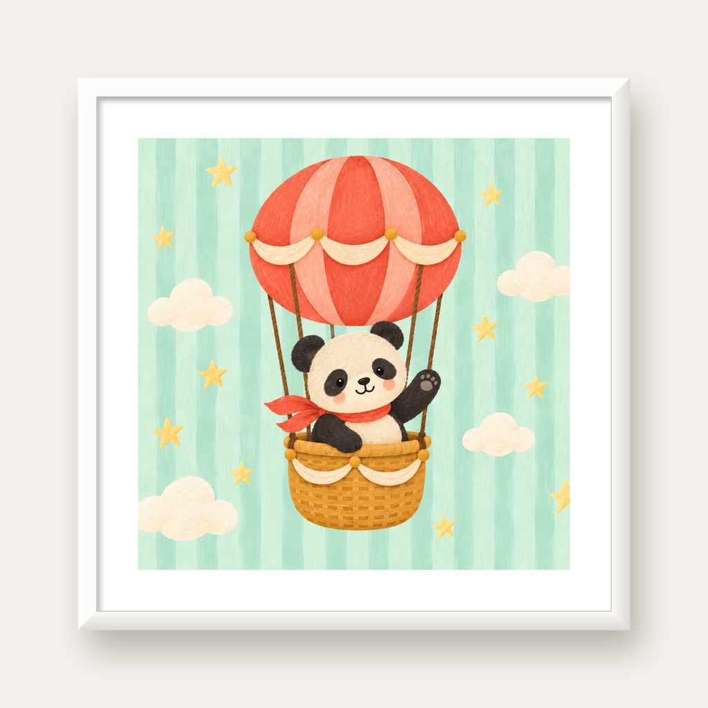 Balonda Sevimli Panda Poster – Pastel Çocuk Odası Duvar Dekoru — beyaz çerçeveli kare poster