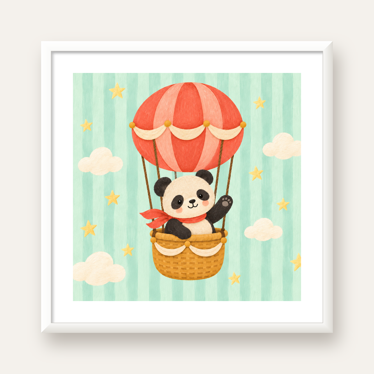 Balonda Sevimli Panda Poster – Pastel Çocuk Odası Duvar Dekoru — beyaz çerçeveli kare poster