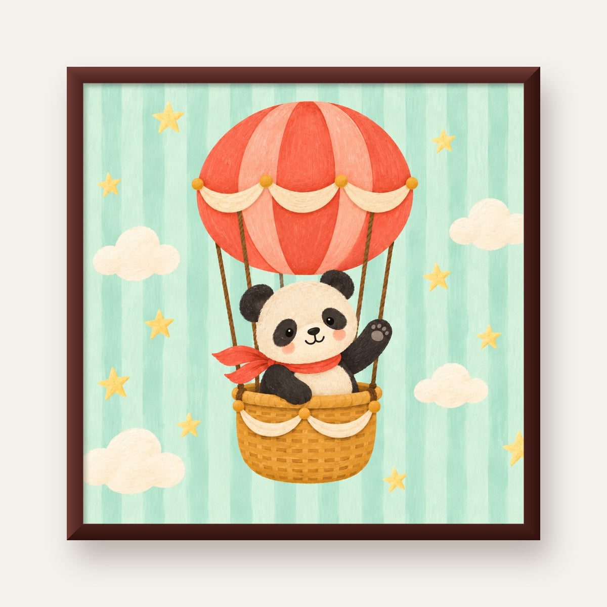 Balonda Sevimli Panda Poster – Pastel Çocuk Odası Duvar Dekoru — ceviz çerçeveli