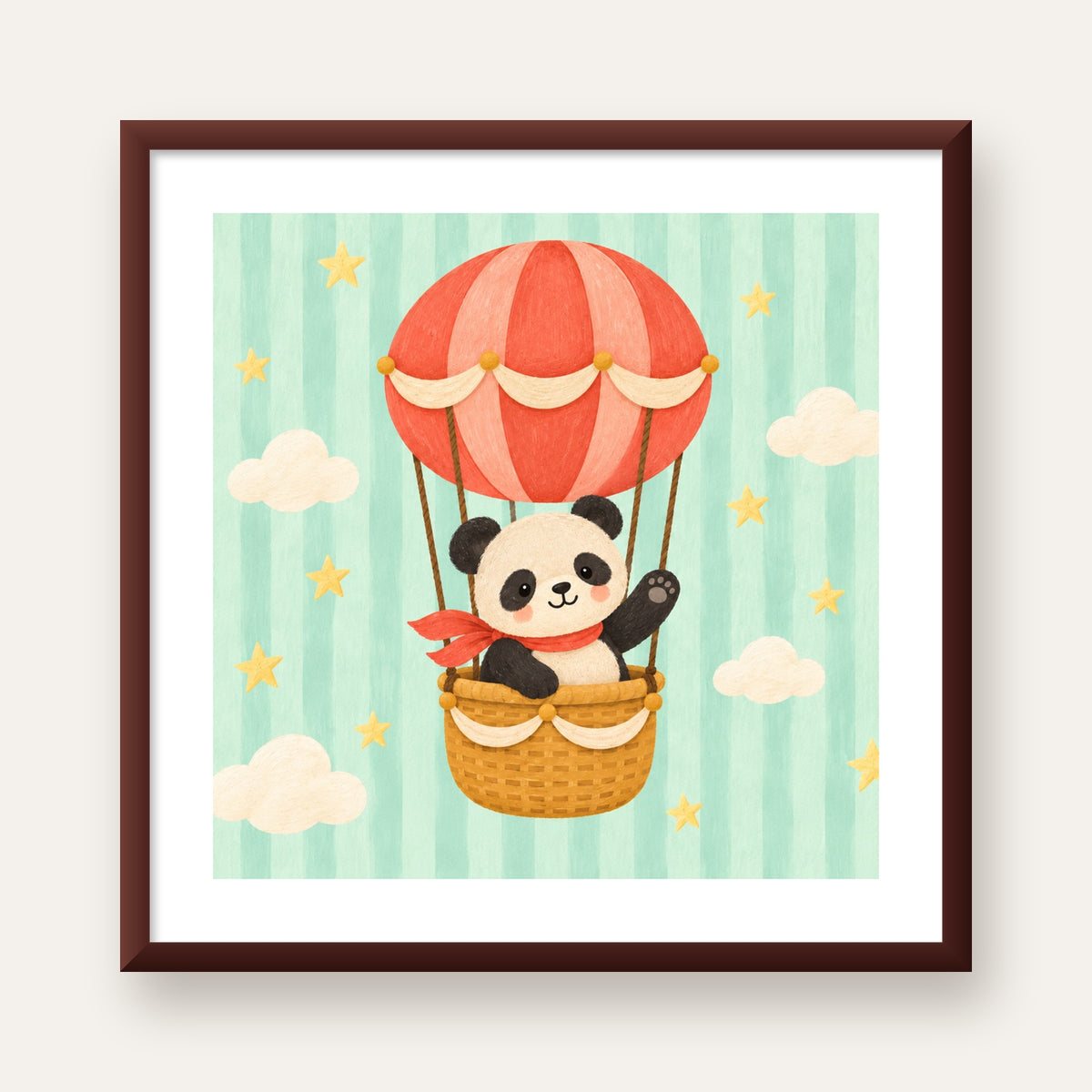 Balonda Sevimli Panda Poster – Pastel Çocuk Odası Duvar Dekoru — ceviz çerçeveli paspartulu