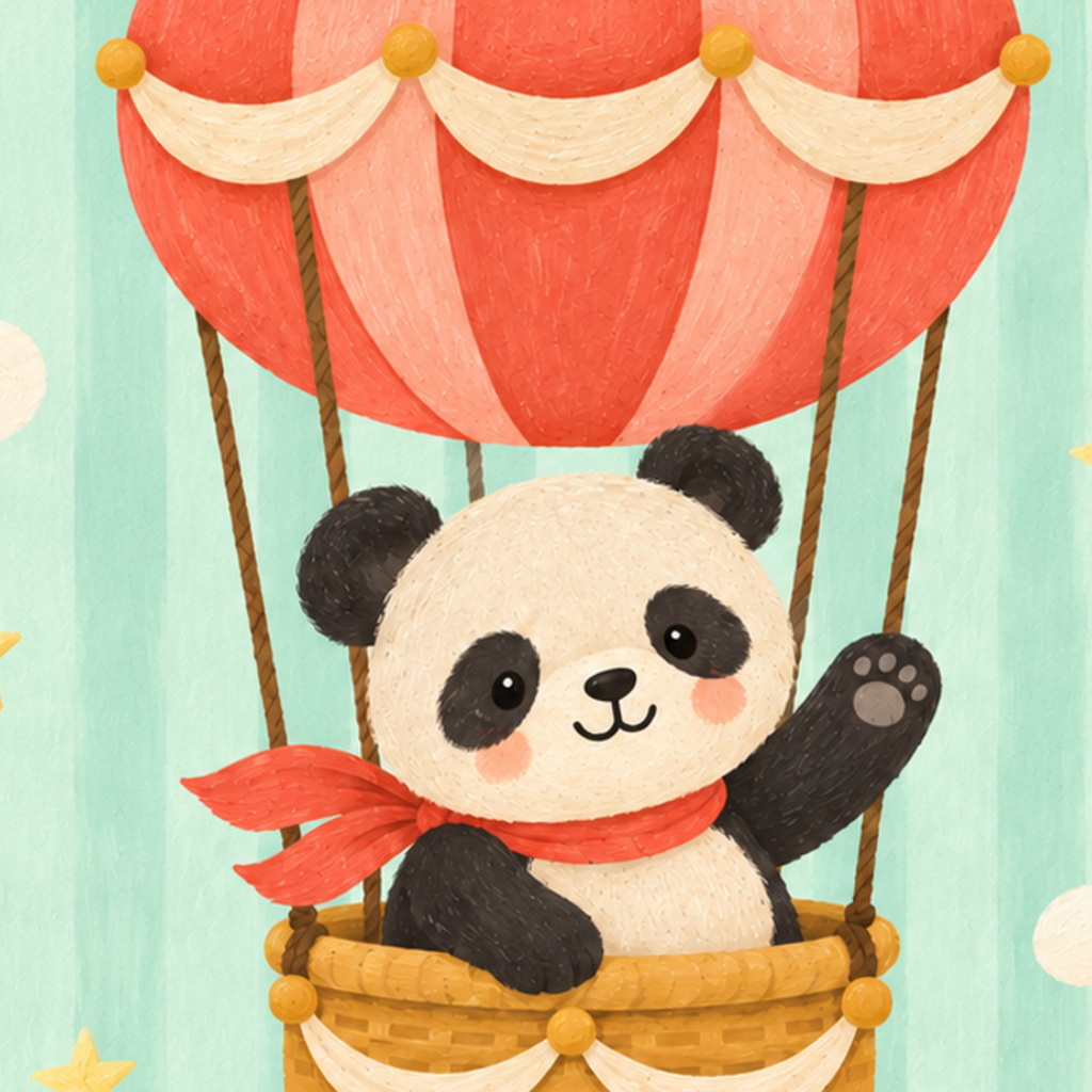 Balonda Sevimli Panda Poster – Pastel Çocuk Odası Duvar Dekoru — baskının yakın çekimi, kâğıt dokusu ve renk detayı