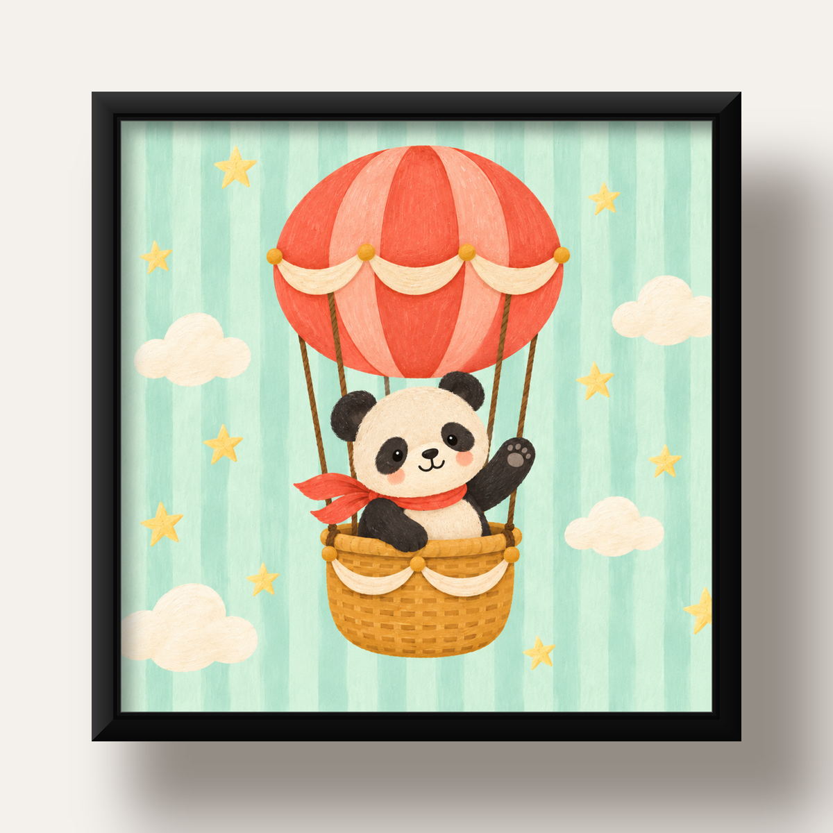 Balonda Sevimli Panda Poster – Pastel Çocuk Odası Duvar Dekoru — siyah derin çerçeveli