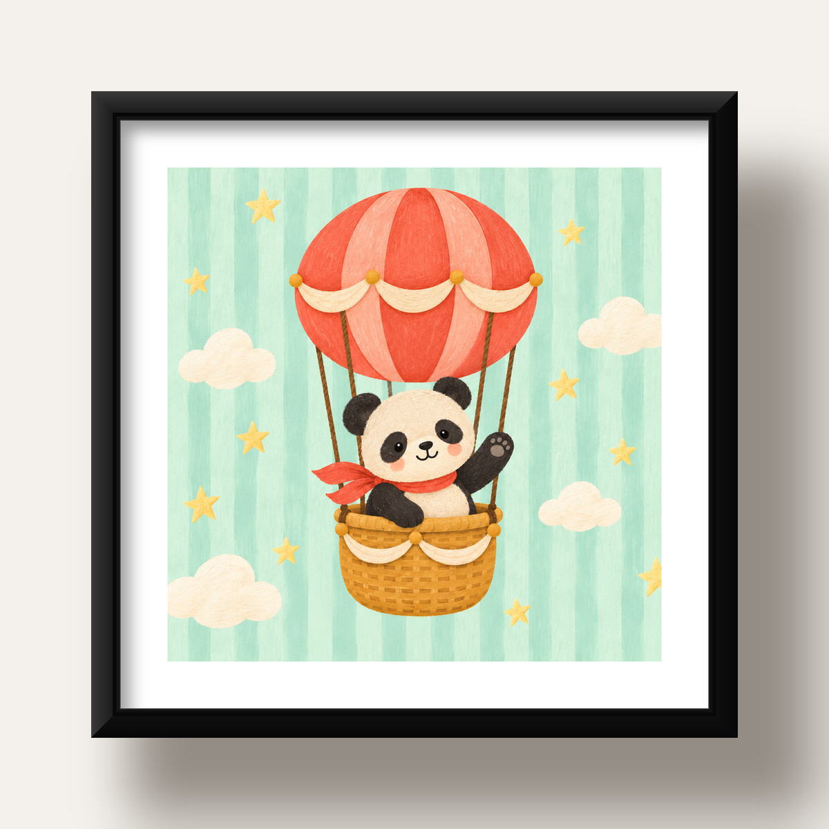 Balonda Sevimli Panda Poster – Pastel Çocuk Odası Duvar Dekoru — siyah derin çerçeveli paspartulu