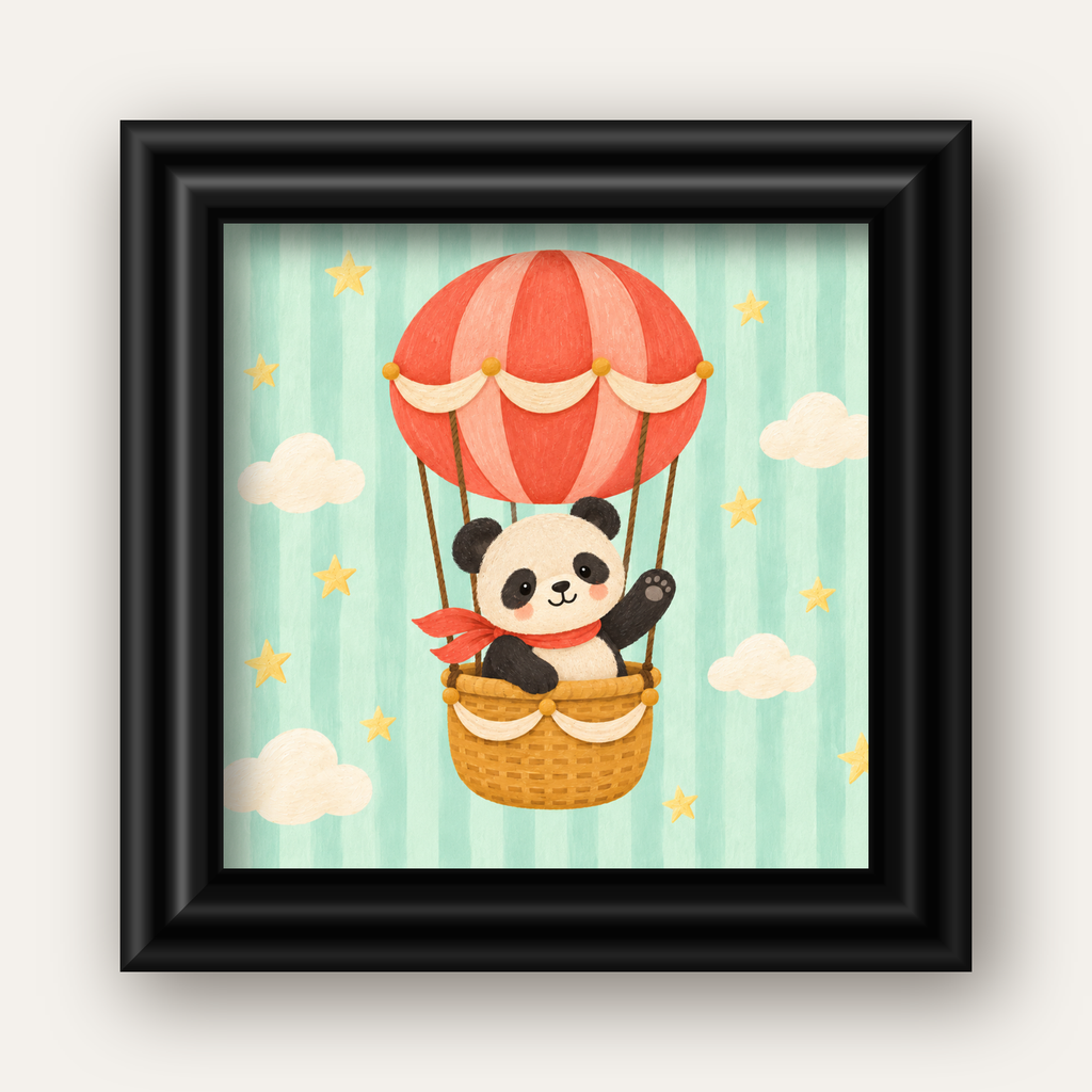 Balonda Sevimli Panda Poster – Pastel Çocuk Odası Duvar Dekoru — siyah galeri çerçeveli