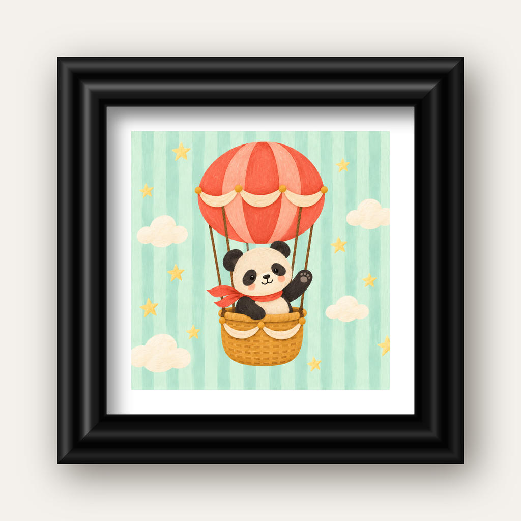 Balonda Sevimli Panda Poster – Pastel Çocuk Odası Duvar Dekoru — siyah galeri çerçeveli paspartulu