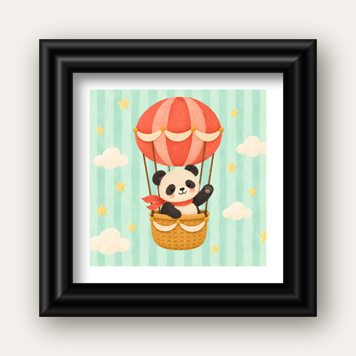 Balonda Sevimli Panda Poster – Pastel Çocuk Odası Duvar Dekoru — siyah galeri çerçeveli paspartulu