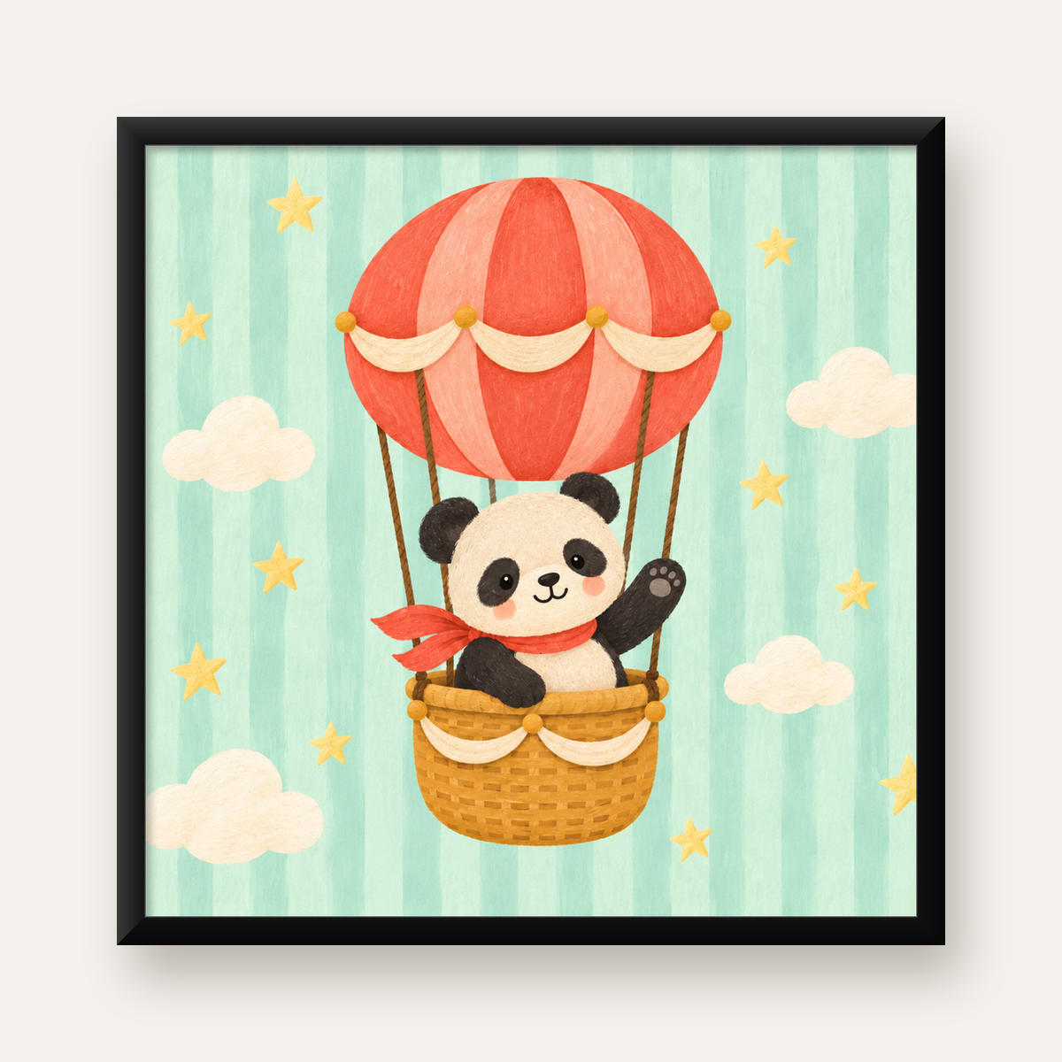 Balonda Sevimli Panda Poster – Pastel Çocuk Odası Duvar Dekoru — Kare baskı, düz siyah çerçeveli duvar posteri