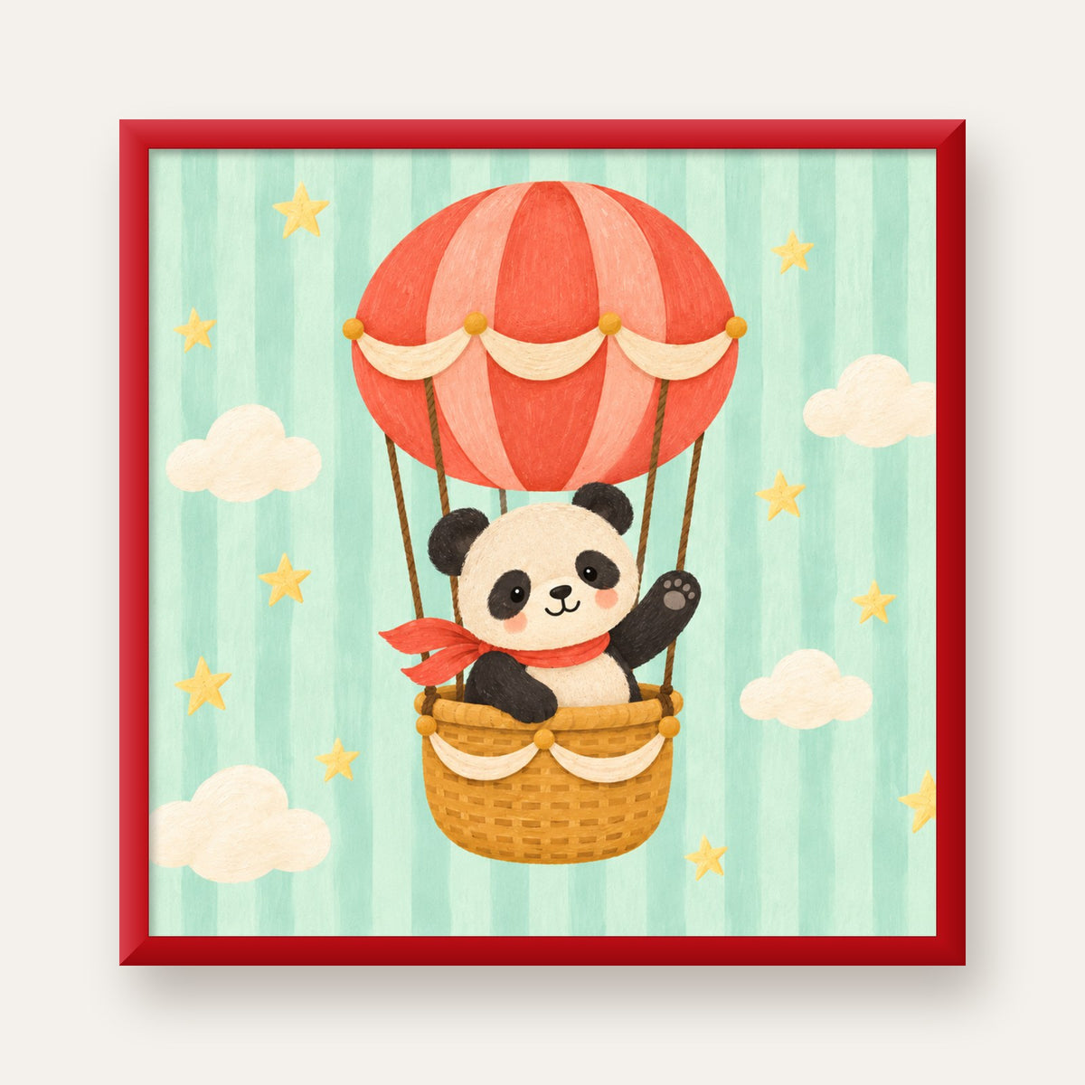 Balonda Sevimli Panda Poster – Pastel Çocuk Odası Duvar Dekoru — kırmızı çerçeveli