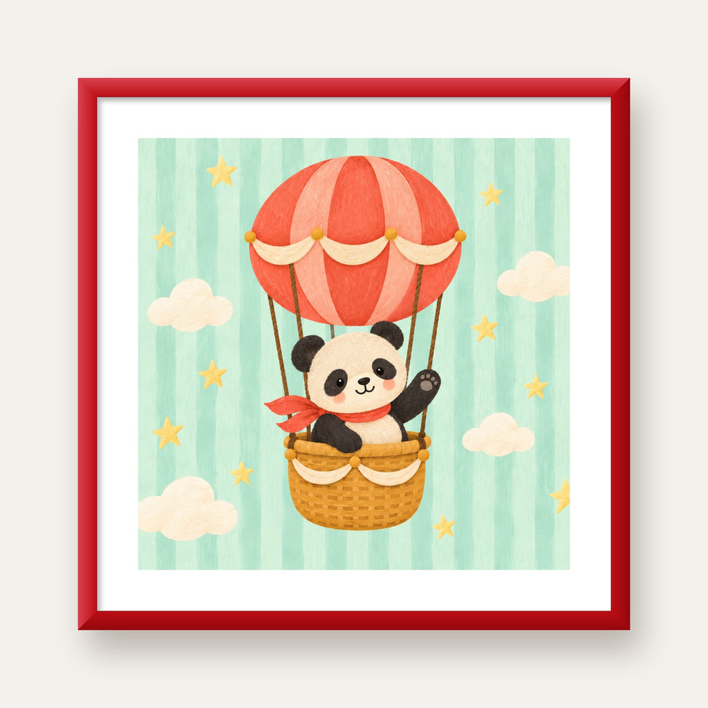 Balonda Sevimli Panda Poster – Pastel Çocuk Odası Duvar Dekoru — kırmızı çerçeveli paspartulu