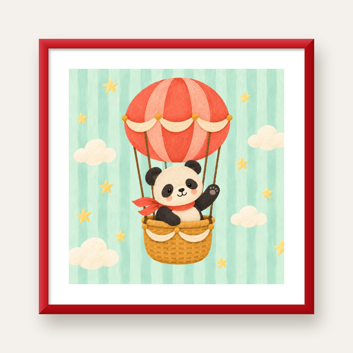 Balonda Sevimli Panda Poster – Pastel Çocuk Odası Duvar Dekoru — kırmızı çerçeveli paspartulu