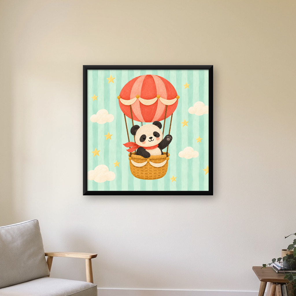 Balonda Sevimli Panda Poster – Pastel Çocuk Odası Duvar Dekoru — Kare baskı, çerçeveli hâliyle bir ev duvarında
