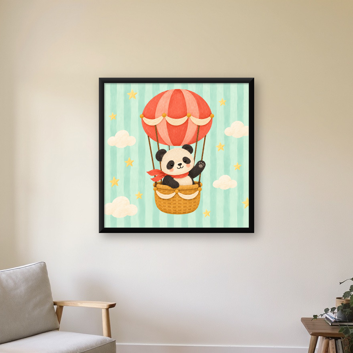 Balonda Sevimli Panda Poster – Pastel Çocuk Odası Duvar Dekoru — Kare baskı, çerçeveli hâliyle bir ev duvarında