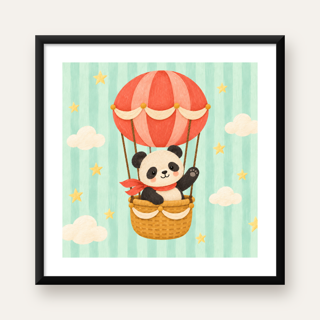 Balonda Sevimli Panda Poster – Pastel Çocuk Odası Duvar Dekoru — Kare baskı, beyaz kenar boşluklu