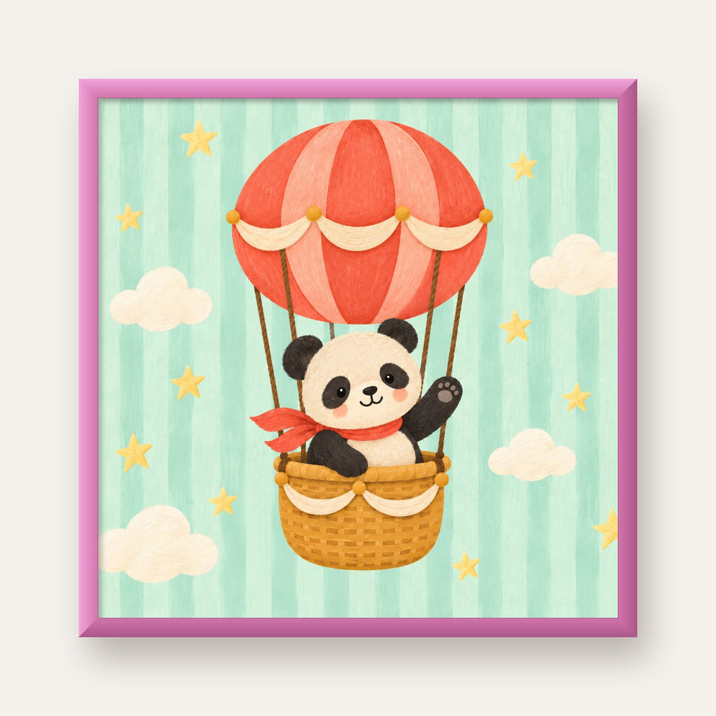Balonda Sevimli Panda Poster – Pastel Çocuk Odası Duvar Dekoru — pembe çerçeveli