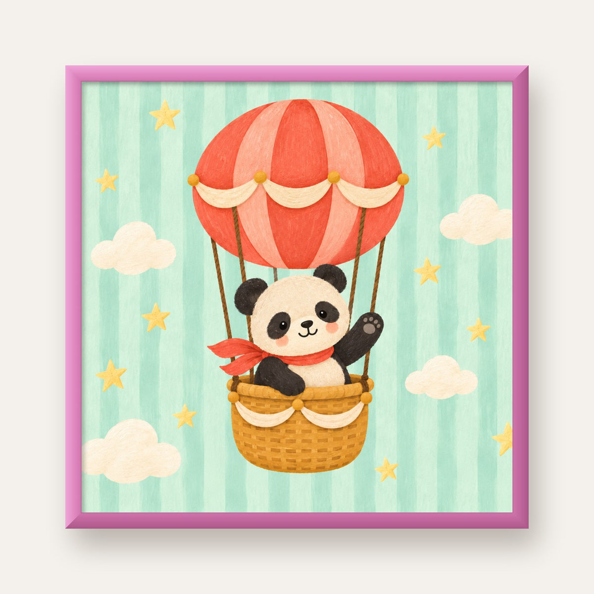 Balonda Sevimli Panda Poster – Pastel Çocuk Odası Duvar Dekoru — pembe çerçeveli