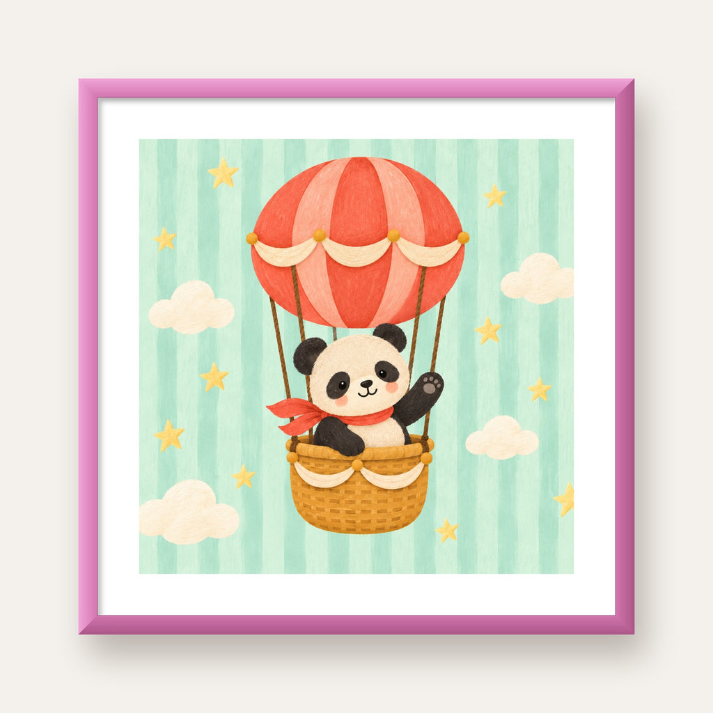 Balonda Sevimli Panda Poster – Pastel Çocuk Odası Duvar Dekoru — pembe çerçeveli paspartulu