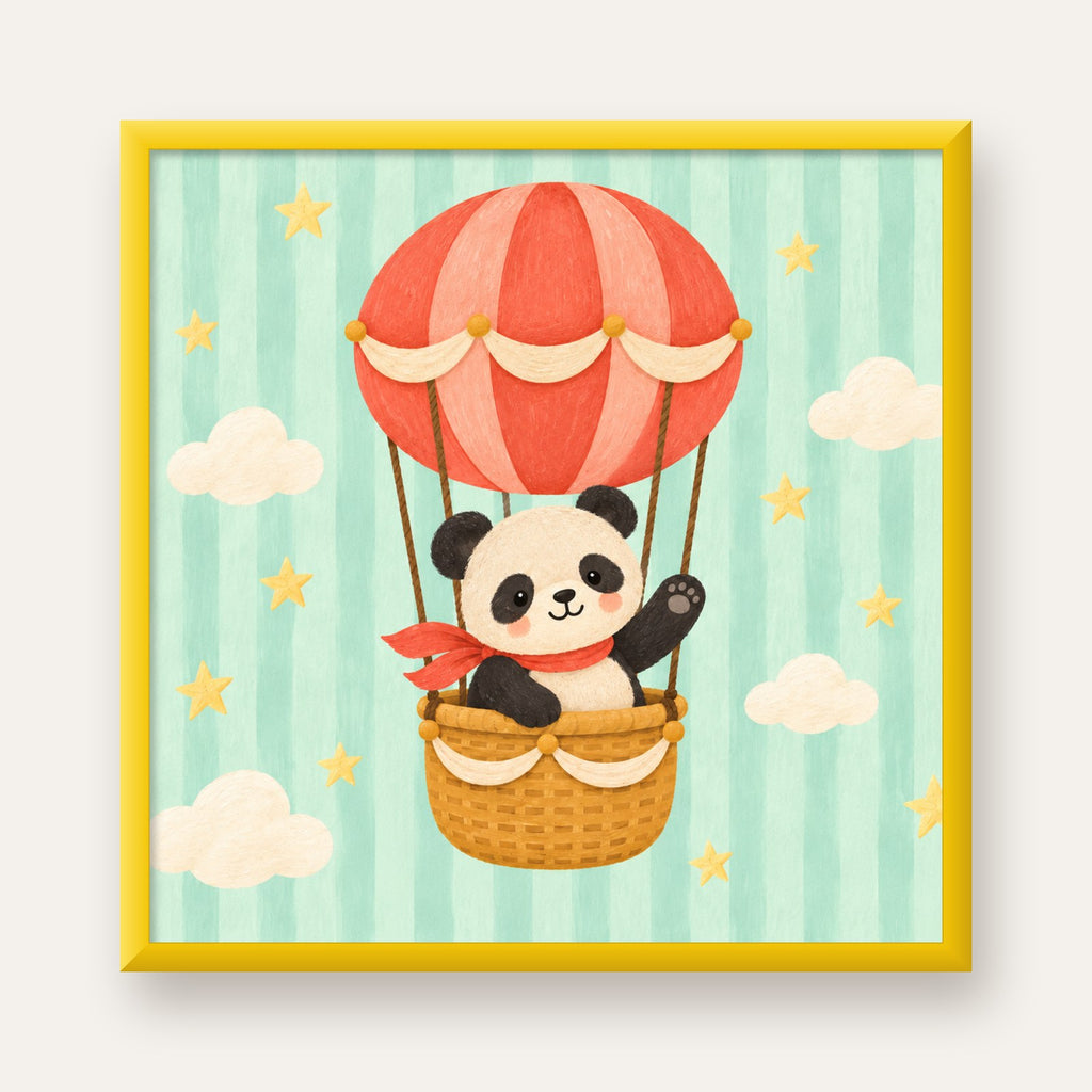 Balonda Sevimli Panda Poster – Pastel Çocuk Odası Duvar Dekoru — sarı çerçeveli