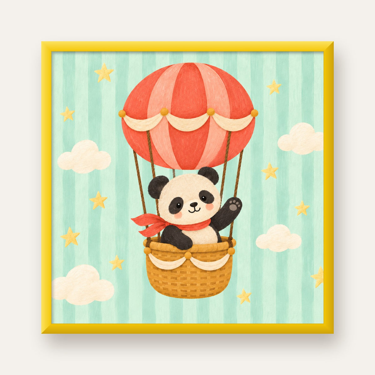 Balonda Sevimli Panda Poster – Pastel Çocuk Odası Duvar Dekoru — sarı çerçeveli