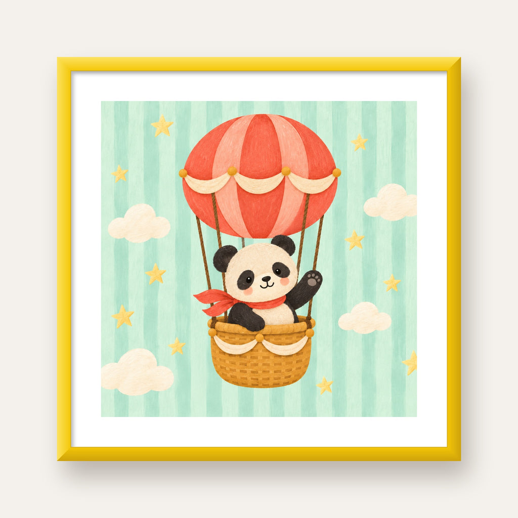 Balonda Sevimli Panda Poster – Pastel Çocuk Odası Duvar Dekoru — sarı çerçeveli paspartulu