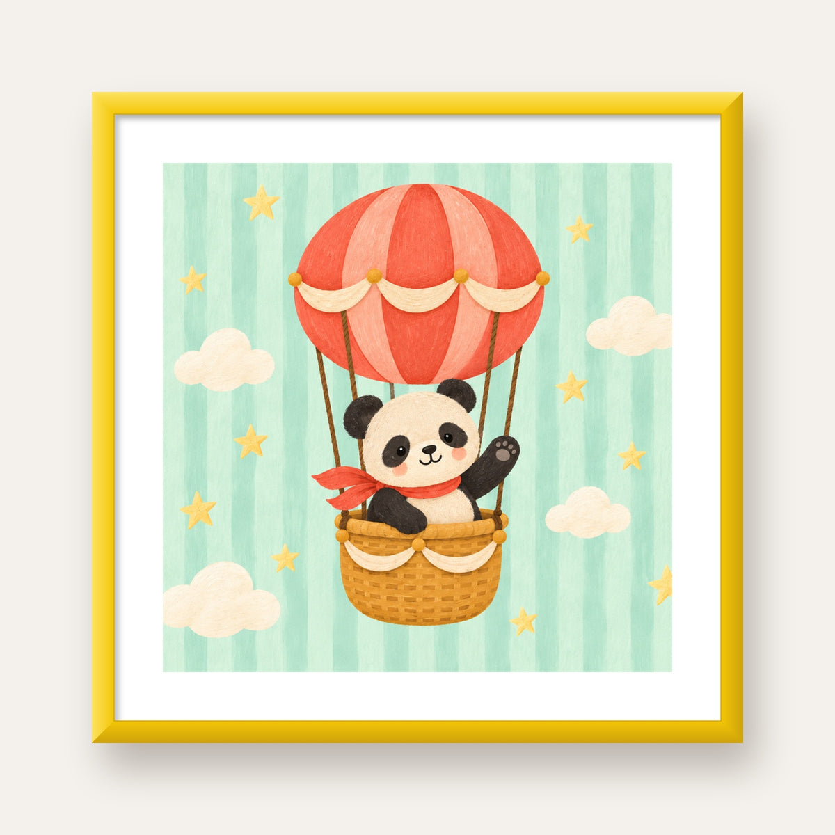 Balonda Sevimli Panda Poster – Pastel Çocuk Odası Duvar Dekoru — sarı çerçeveli paspartulu