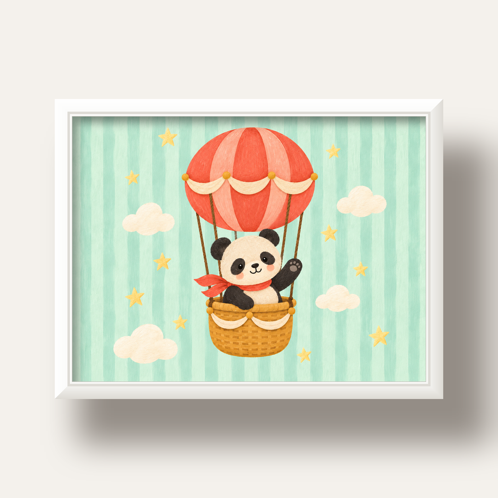 Balonda Sevimli Panda Poster – Pastel Çocuk Odası Duvar Dekoru — beyaz derin çerçeveli