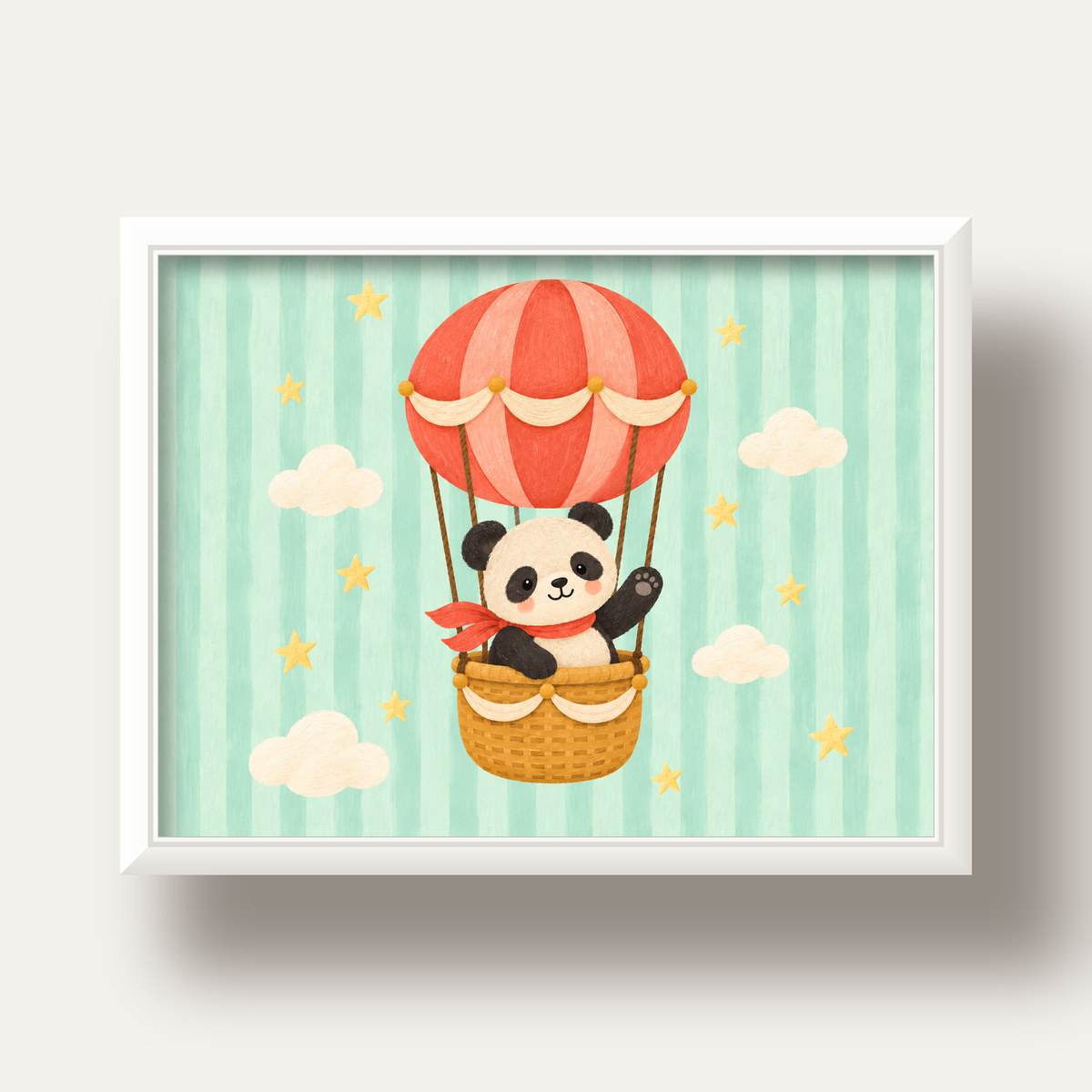 Balonda Sevimli Panda Poster – Pastel Çocuk Odası Duvar Dekoru — beyaz derin çerçeveli