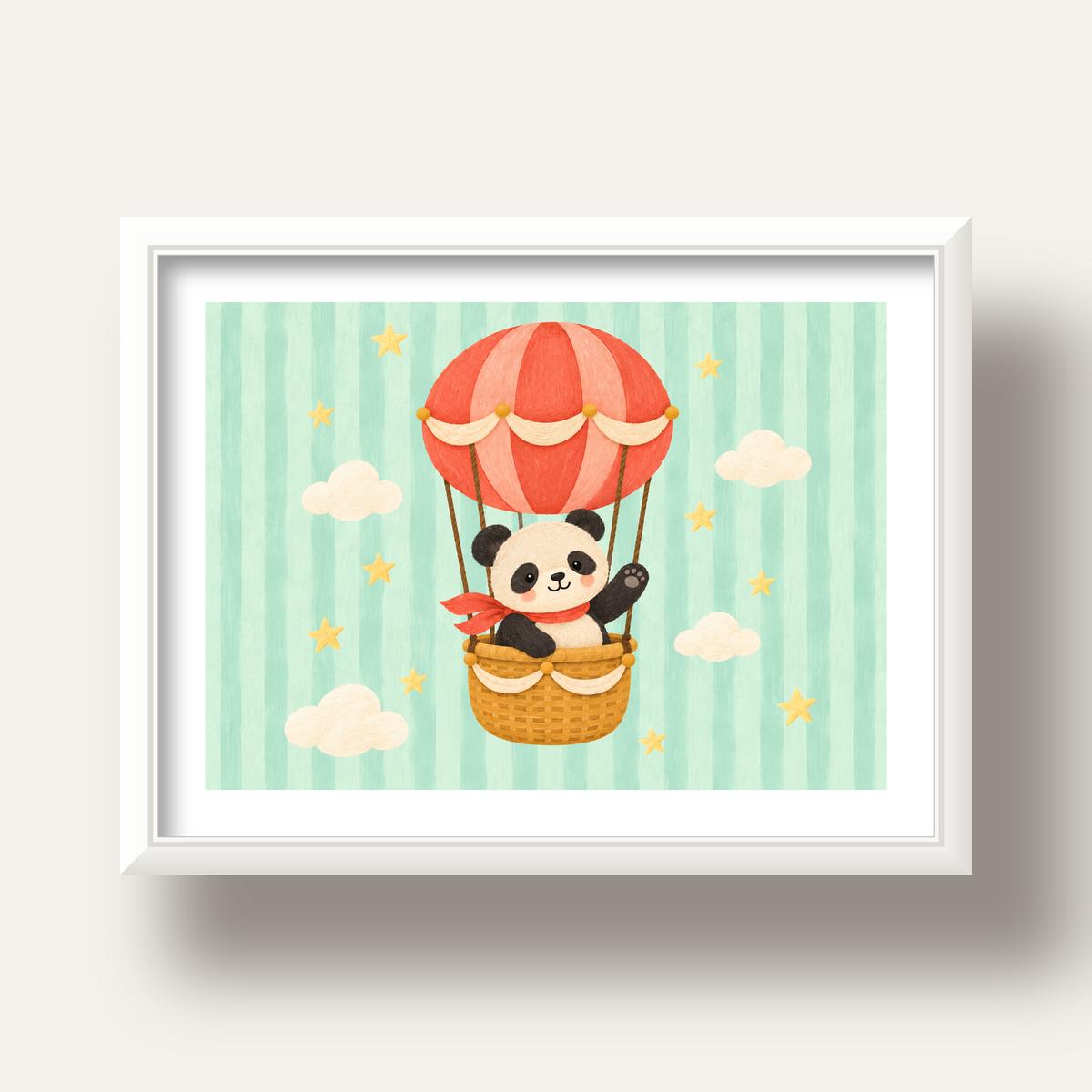 Balonda Sevimli Panda Poster – Pastel Çocuk Odası Duvar Dekoru — beyaz derin çerçeveli paspartulu