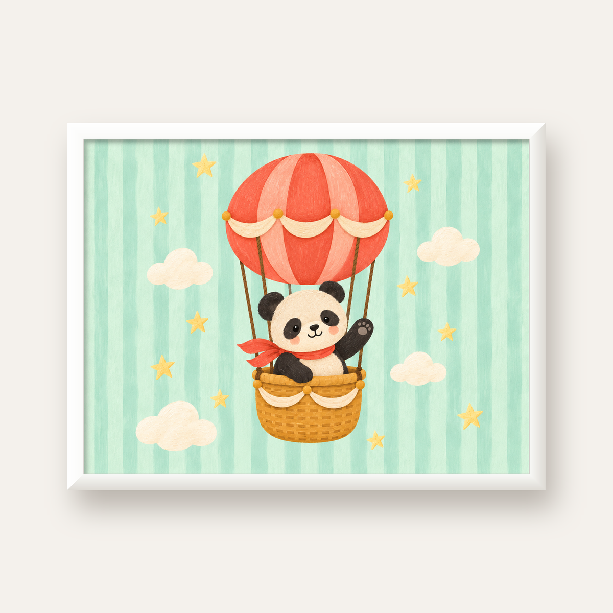 Balonda Sevimli Panda Poster – Pastel Çocuk Odası Duvar Dekoru — beyaz çerçeveli yatay poster