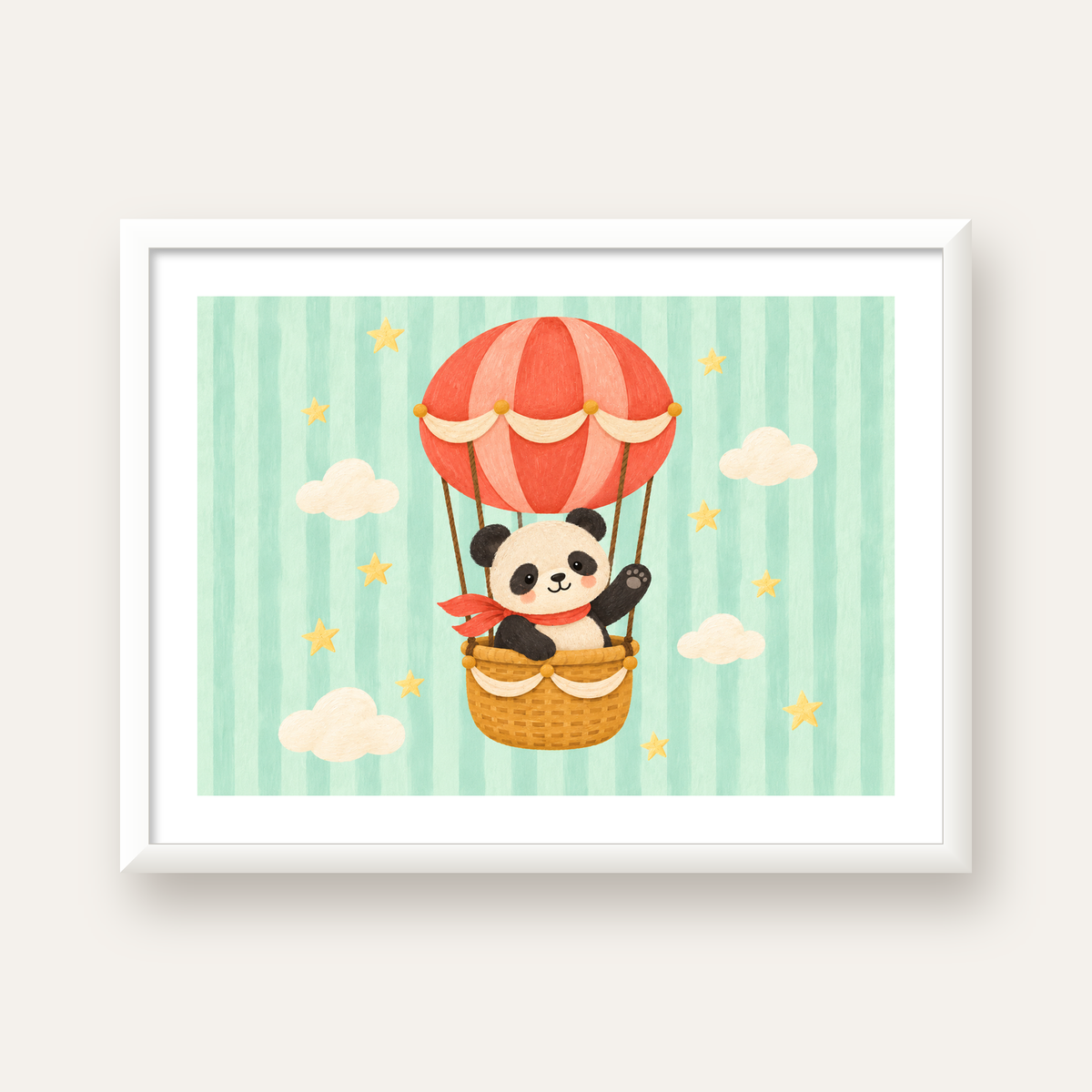 Balonda Sevimli Panda Poster – Pastel Çocuk Odası Duvar Dekoru — beyaz çerçeveli yatay poster