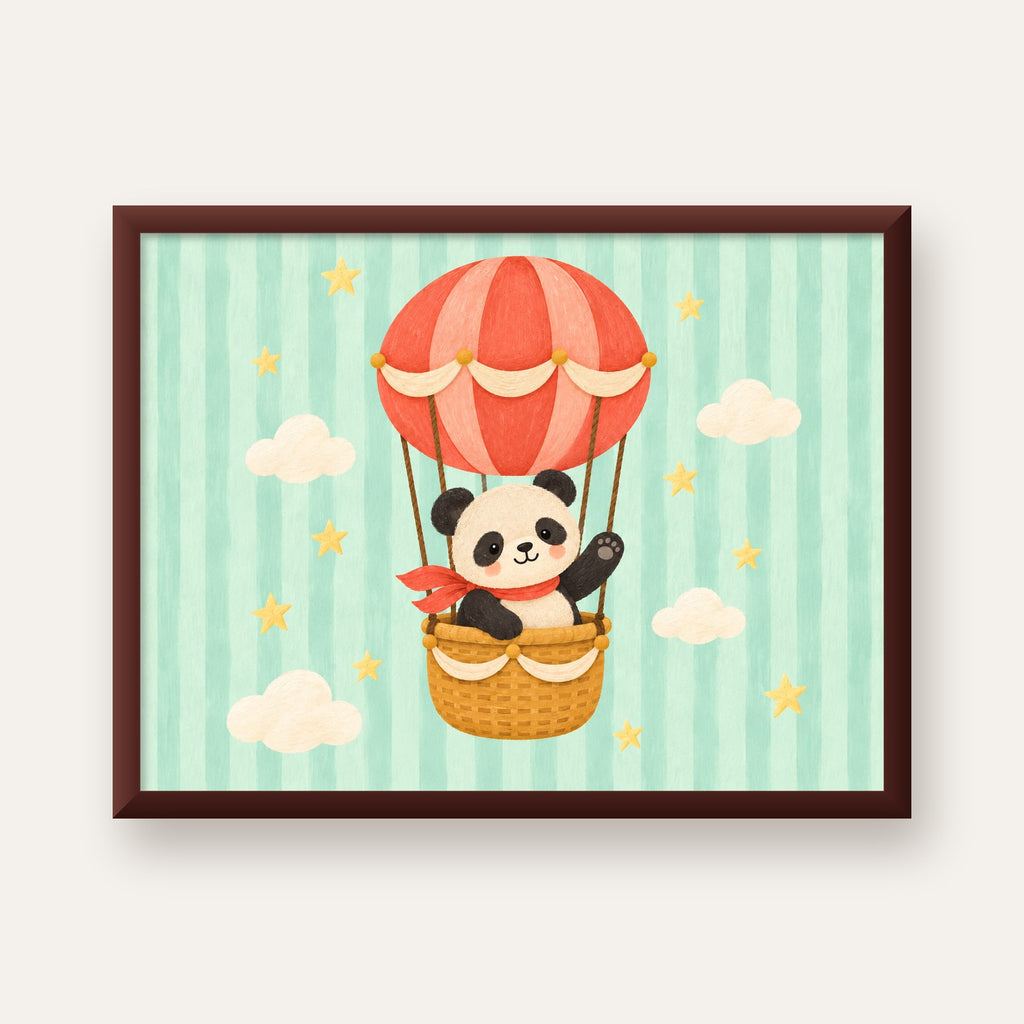 Balonda Sevimli Panda Poster – Pastel Çocuk Odası Duvar Dekoru — ceviz çerçeveli