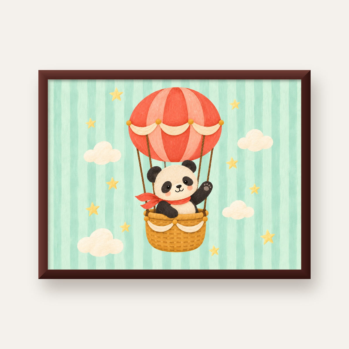 Balonda Sevimli Panda Poster – Pastel Çocuk Odası Duvar Dekoru — ceviz çerçeveli