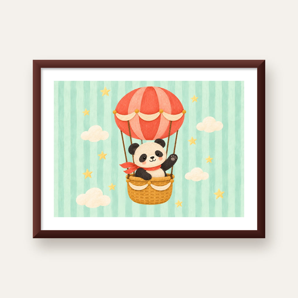 Balonda Sevimli Panda Poster – Pastel Çocuk Odası Duvar Dekoru — ceviz çerçeveli paspartulu