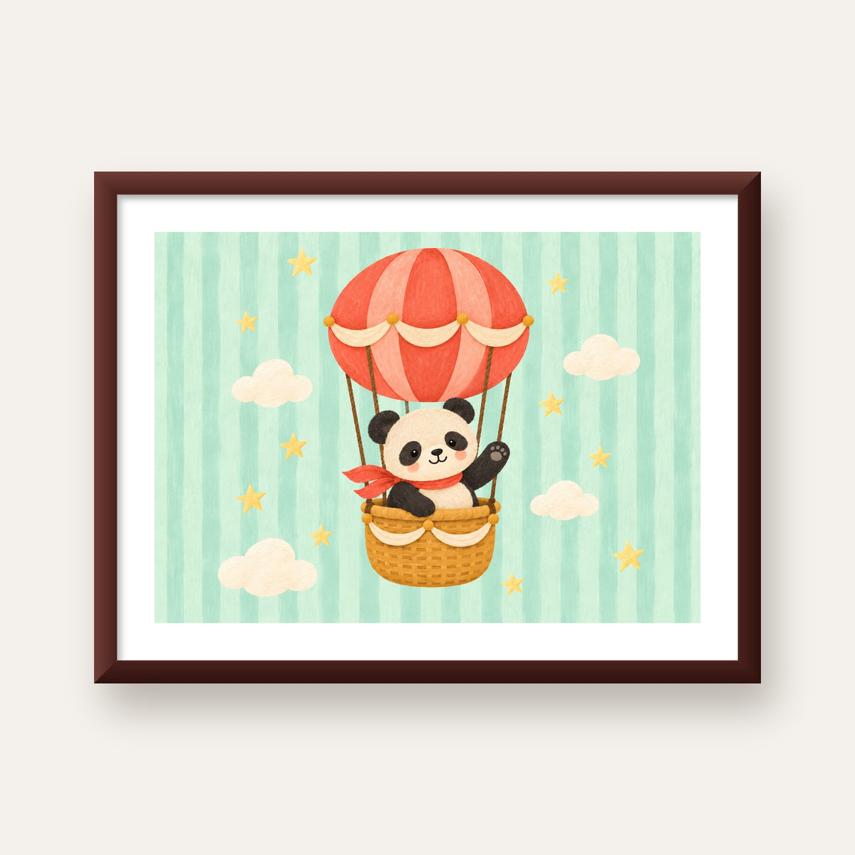 Balonda Sevimli Panda Poster – Pastel Çocuk Odası Duvar Dekoru — ceviz çerçeveli paspartulu