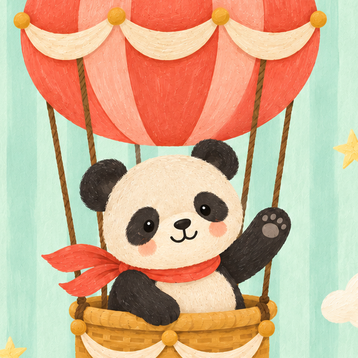 Balonda Sevimli Panda Poster – Pastel Çocuk Odası Duvar Dekoru — baskının yakın çekimi, kâğıt dokusu ve renk detayı