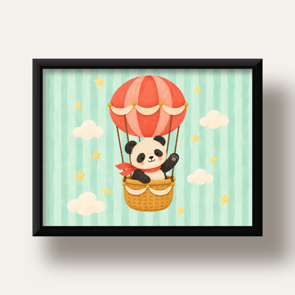 Balonda Sevimli Panda Poster – Pastel Çocuk Odası Duvar Dekoru — siyah derin çerçeveli