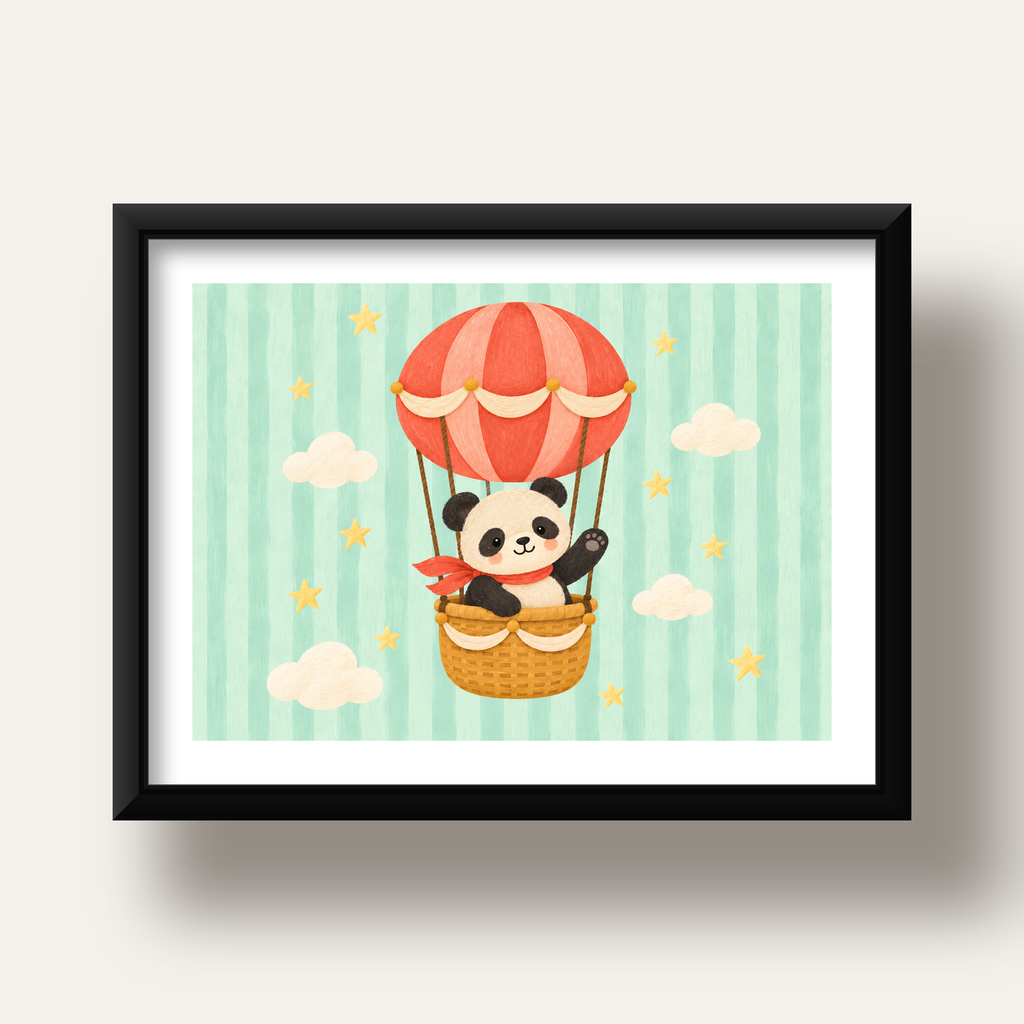 Balonda Sevimli Panda Poster – Pastel Çocuk Odası Duvar Dekoru — siyah derin çerçeveli paspartulu